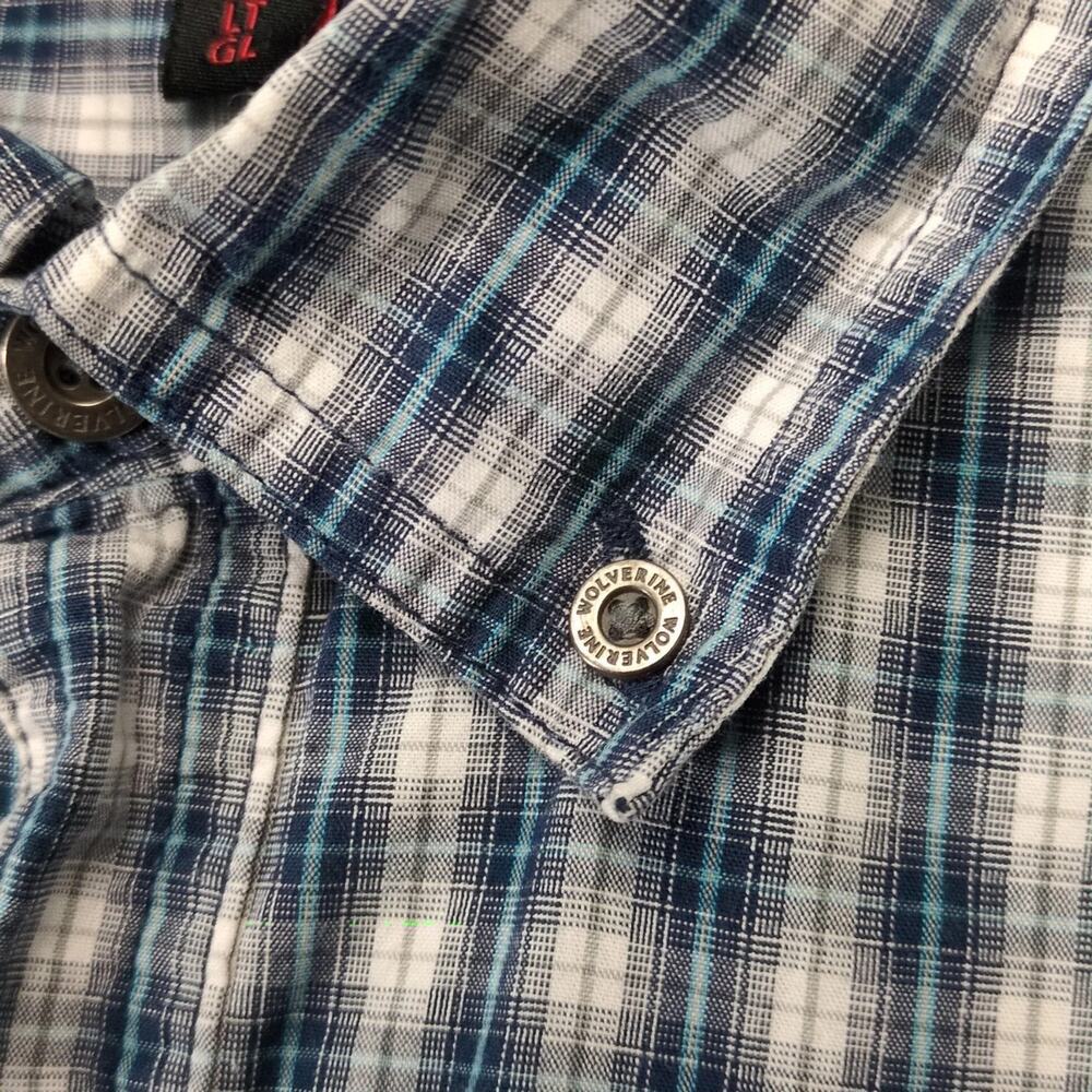 Wolverine Blue Plaid Cotton Button Down Shirt Men's L Tall Short Slv Gorpcore - Picture 9 of 10
